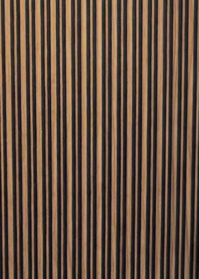 Wood composite slat sample, caramel oak in tone.