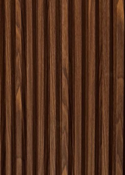 Wood composite slat sample, mahogany brown in tone.